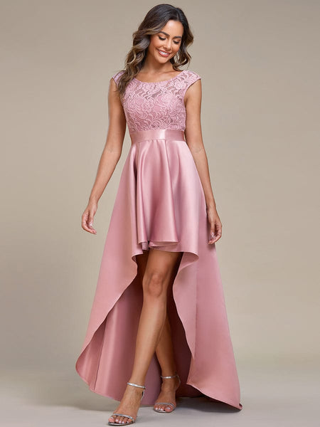 Elegant Sleeveless High Low Lace & Stain Evening Gowns