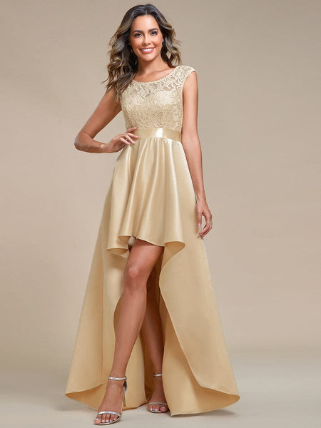 Elegant Sleeveless High Low Lace & Stain Evening Gowns