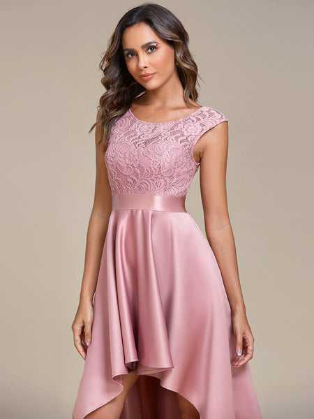 Elegant Sleeveless High Low Lace & Stain Evening Gowns