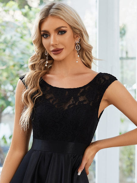 Elegant Sleeveless High Low Lace & Stain Evening Gowns