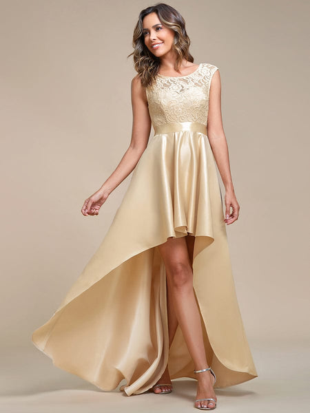 Elegant Sleeveless High Low Lace & Stain Evening Gowns