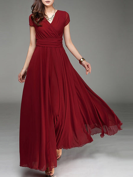 Elegant Solid Surplice Neck High Waist Short Sleeve Maxi Dress