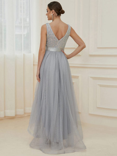 Elegant Sparkling Asymmetrical Hem Deep V Neck Evening Dress