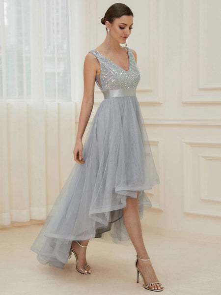 Elegant Sparkling Asymmetrical Hem Deep V Neck Evening Dress