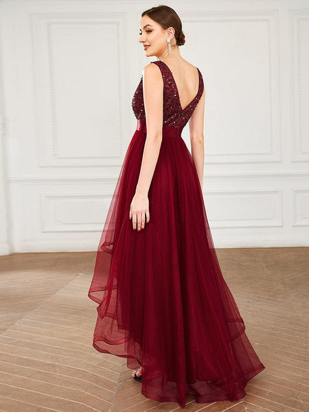 Elegant Sparkling Asymmetrical Hem Deep V Neck Evening Dress