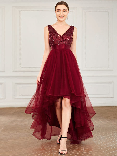 Elegant Sparkling Asymmetrical Hem Deep V Neck Evening Dress