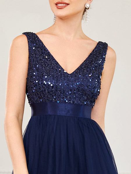 Elegant Sparkling Asymmetrical Hem Deep V Neck Evening Dress