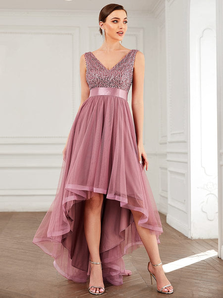 Elegant Sparkling Asymmetrical Hem Deep V Neck Evening Dress