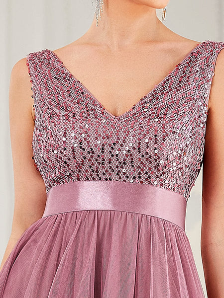 Elegant Sparkling Asymmetrical Hem Deep V Neck Evening Dress