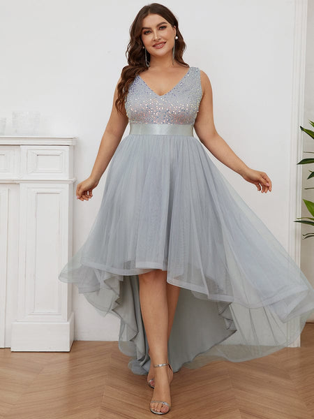 Elegant Sparkling Asymmetrical Hem Deep V Neck Evening Dress