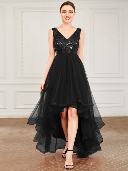 Elegant Sparkling Asymmetrical Hem Deep V Neck Evening Dress