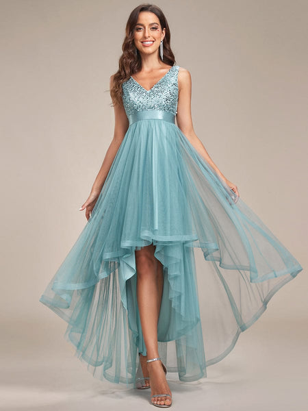 Elegant Sparkling Asymmetrical Hem Deep V Neck Evening Dress