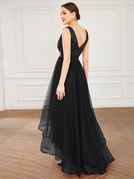 Elegant Sparkling Asymmetrical Hem Deep V Neck Evening Dress