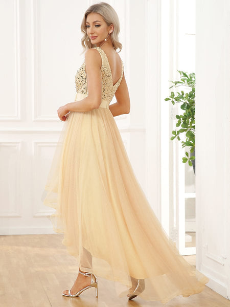 Elegant Sparkling Asymmetrical Hem Deep V Neck Evening Dress