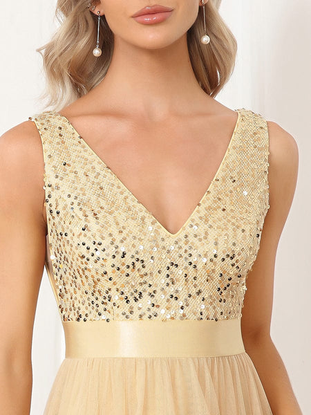 Elegant Sparkling Asymmetrical Hem Deep V Neck Evening Dress