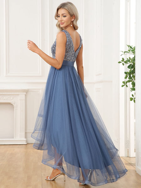 Elegant Sparkling Asymmetrical Hem Deep V Neck Evening Dress