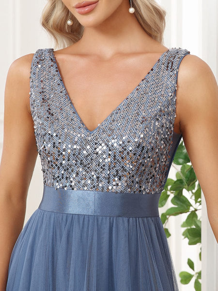 Elegant Sparkling Asymmetrical Hem Deep V Neck Evening Dress