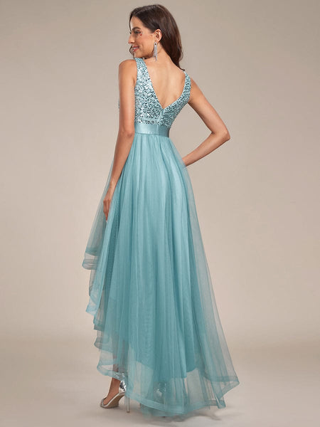 Elegant Sparkling Asymmetrical Hem Deep V Neck Evening Dress