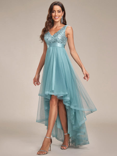 Elegant Sparkling Asymmetrical Hem Deep V Neck Evening Dress