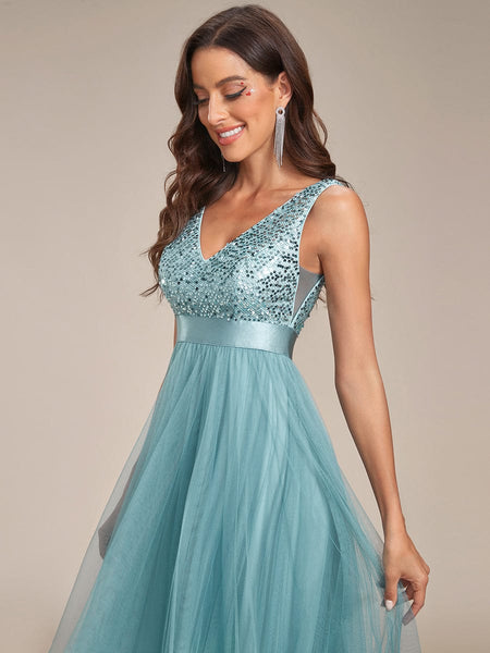 Elegant Sparkling Asymmetrical Hem Deep V Neck Evening Dress