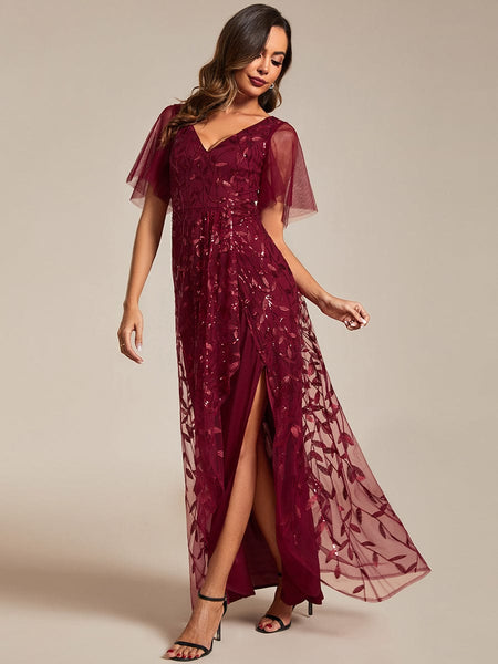 Elegant Sparkling Sequin V-Neck High Low Evening Gown