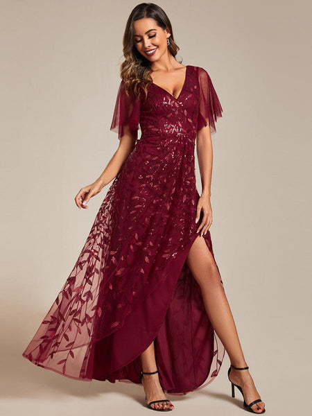 Elegant Sparkling Sequin V-Neck High Low Evening Gown