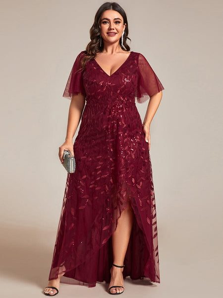 Elegant Sparkling Sequin V-Neck High Low Evening Gown