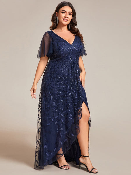 Elegant Sparkling Sequin V-Neck High Low Evening Gown