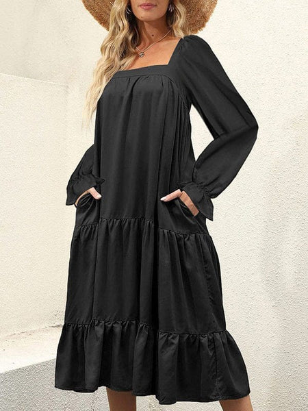 Elegant Square Neck Ruffle Midi Dress