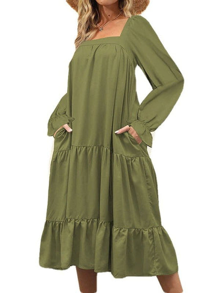 Elegant Square Neck Ruffle Midi Dress