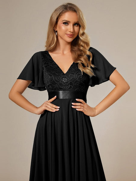 Asymmetrical Chiffon Dress with Lace Top