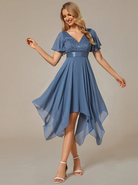 Asymmetrical Chiffon Dress with Lace Top
