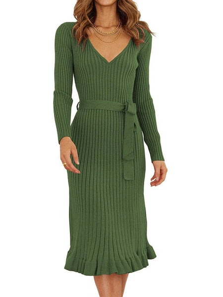 Elegant V-Neck Knitted Dress With Long Sleeves And High Waist