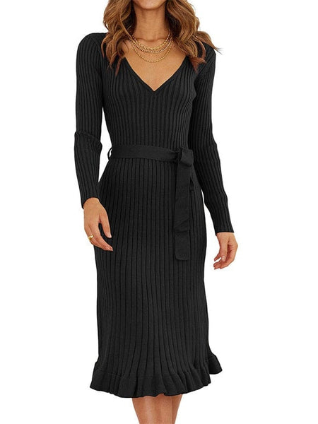 Elegant V-Neck Knitted Dress With Long Sleeves And High Waist