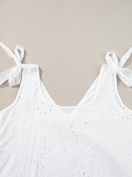Elegant White Embroidered V-Neck Tank Top with Knotted Straps