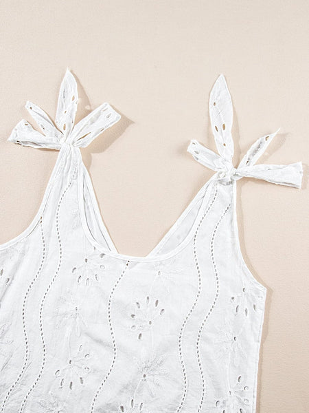 Elegant White Embroidered V-Neck Tank Top with Knotted Straps