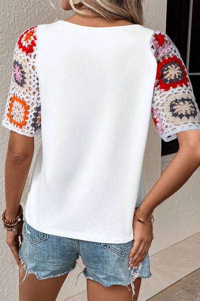 Elegant White Floral Crochet Top with Short Sleeves