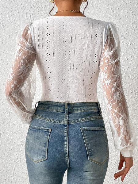 Elegant White Lace Bishop Sleeve Sheer Bodysuit