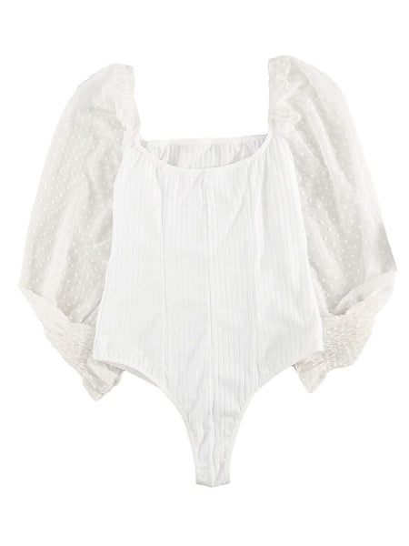 Elegant White Swiss Dot Ribbed Puff Sleeve Bodysuit