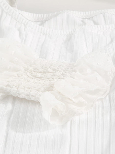Elegant White Swiss Dot Ribbed Puff Sleeve Bodysuit