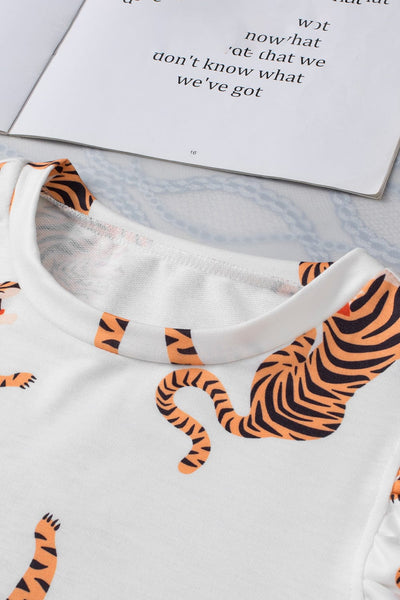 Elegant White Tiger Print Short Sleeve Blouse with Flutter Sleeves