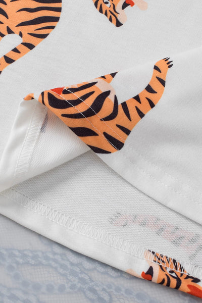 Elegant White Tiger Print Short Sleeve Blouse with Flutter Sleeves