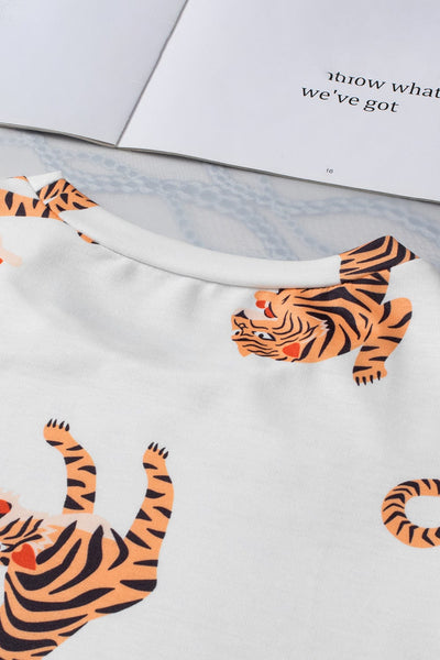 Elegant White Tiger Print Short Sleeve Blouse with Flutter Sleeves