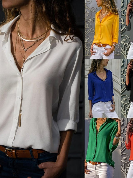 Elegant Women's Business Blouse Shirt in Blue, Yellow, and Gray