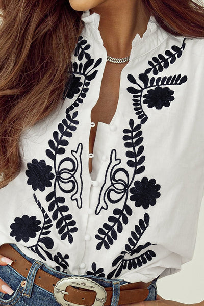 Women's Embroidered Cotton V-Neck Blouse with Shirred Ruffle Cuffs