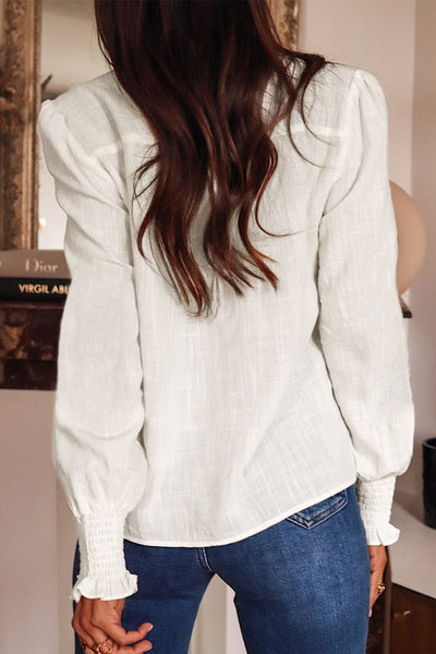 Women's Embroidered Cotton V-Neck Blouse with Shirred Ruffle Cuffs