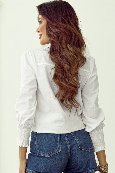 Women's Embroidered Cotton V-Neck Blouse with Shirred Ruffle Cuffs