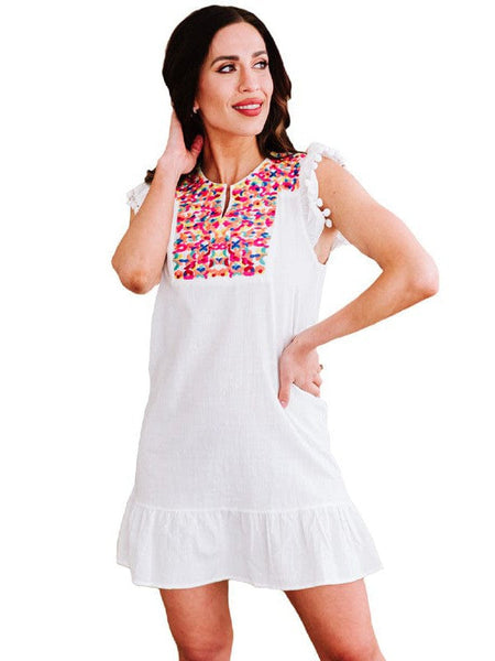 Women's Embroidered Mini Dress with Scalloped Hem
