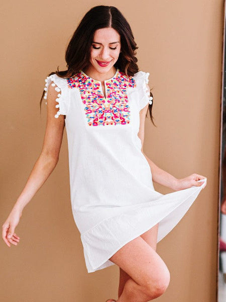 Women's Embroidered Mini Dress with Scalloped Hem