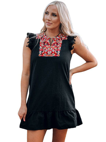 Women's Embroidered Mini Dress with Scalloped Hem